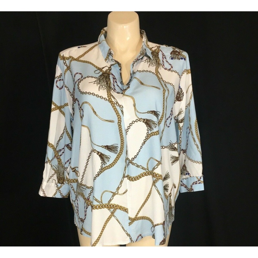 PRIMARK Tunic 14 White Baby Blue Gold Tassel Print 3/4 Sl Top‎ Unique Casual LN